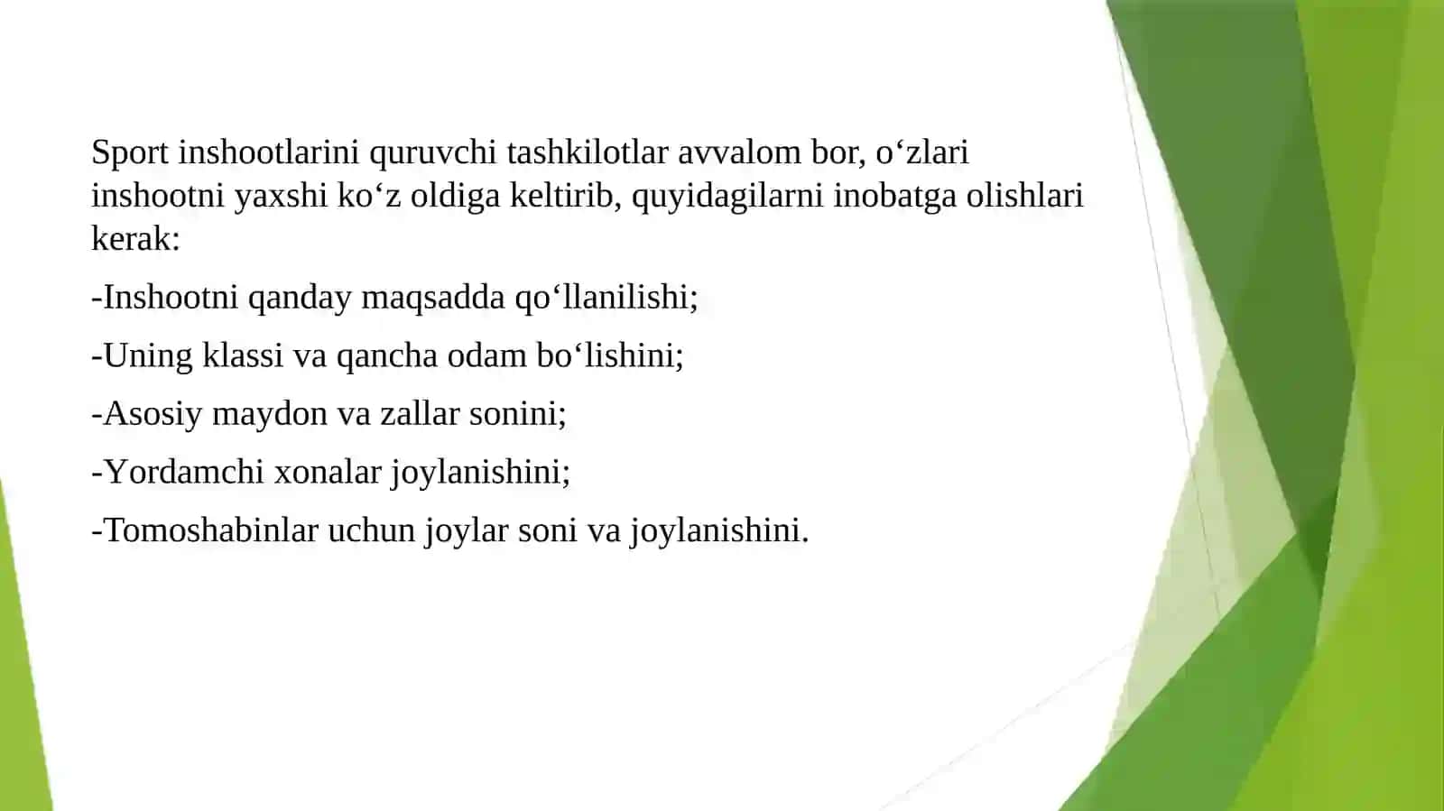Shahar va qishloqlarda sport inshootlari tarmoqlari hamdarejalashtirish 2