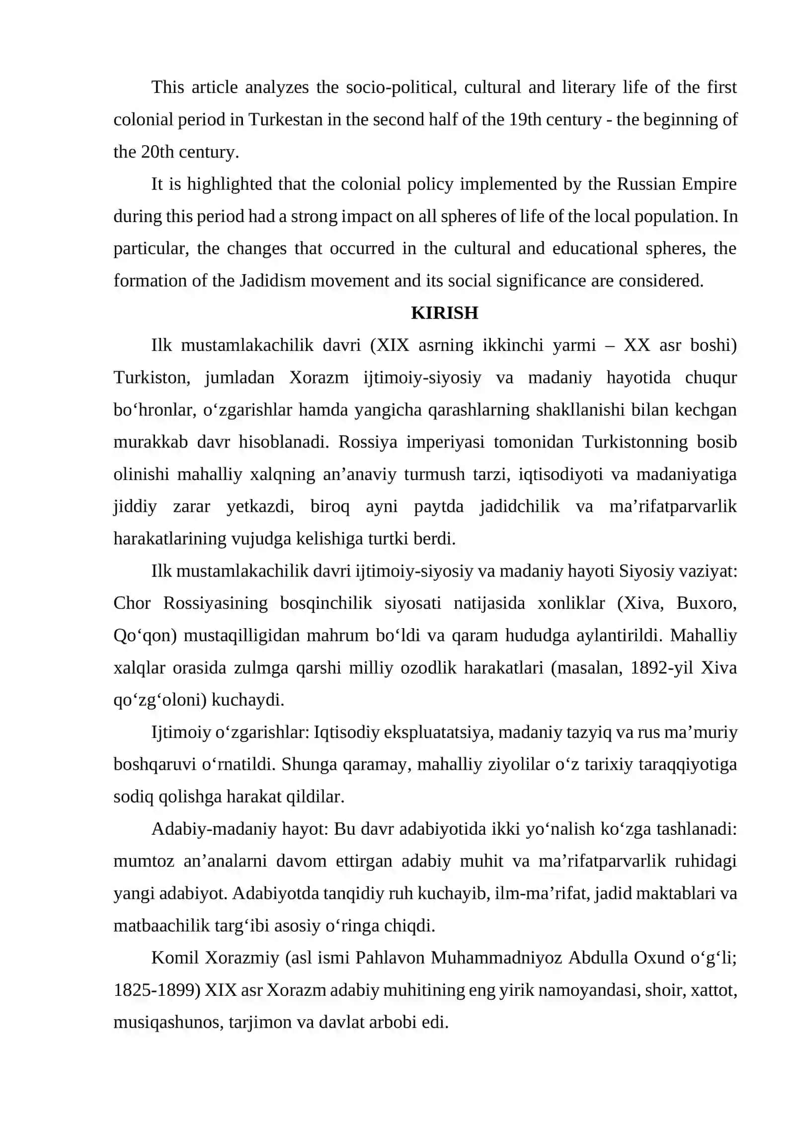 ILK MUSTAMLAKACHILIK DAVRI IJTIMOIY-SIYOSIY MADANIY-ADABIY HAYOT. KOMIL XORAZMIY YANGI MA'RIFATPARVARLIK NAMOYONDASI 2
