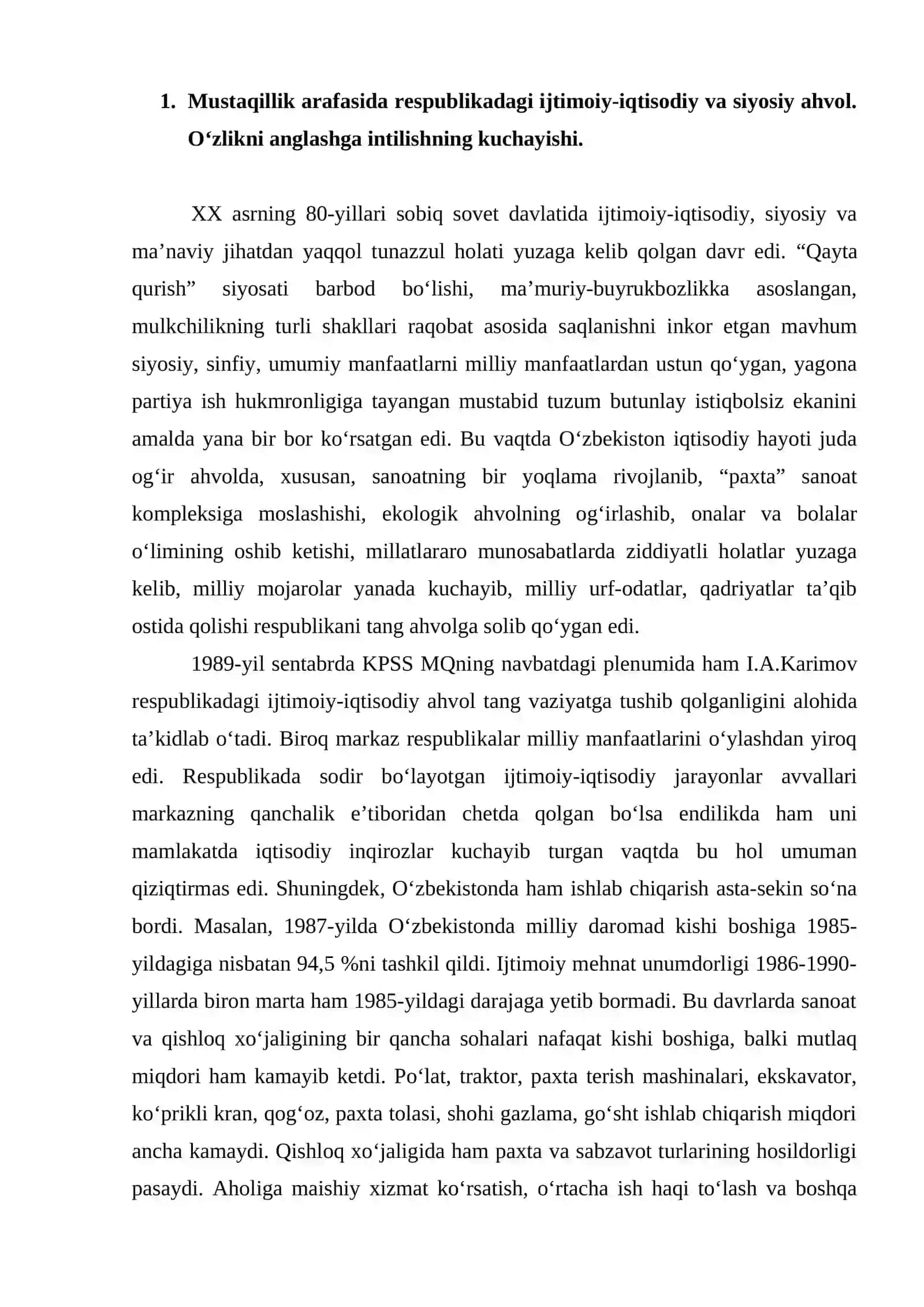 O’zbekiston Respublikasining Davlat mustaqilligini e’lon qilinishi va ijtimoiy-siyosiy jarayonlar 2