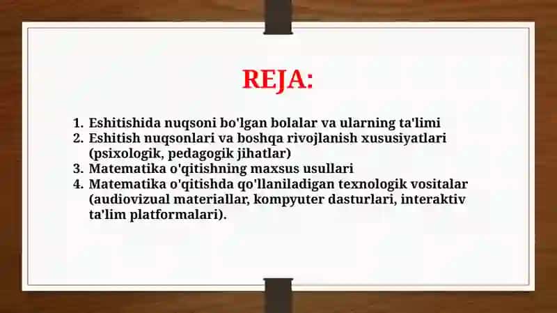 Eshitishida nuqsoni bo'lgan bolalar uchun ixtisoslashtirilgan maktab-internatlari boshlang'ich sinflarda matematika o'qitish texnologiyalari 2