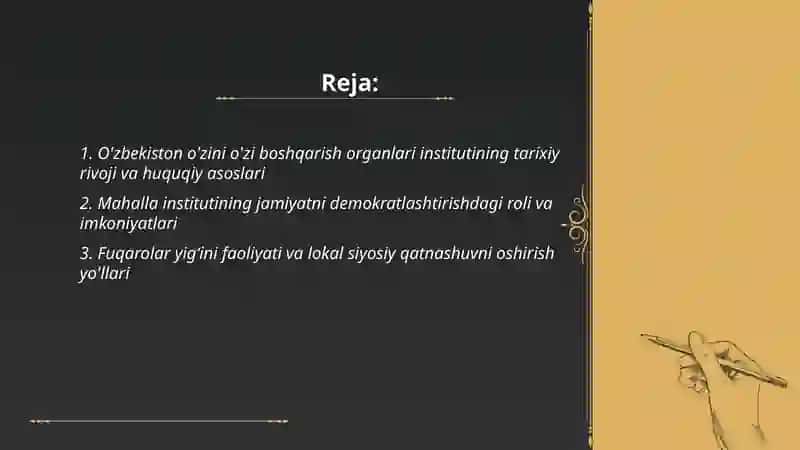 Ozbekiston ozini ozi boshqarish organlarining faoliyati va ularning jamiyatni demokratlashtirishdagi orni 2