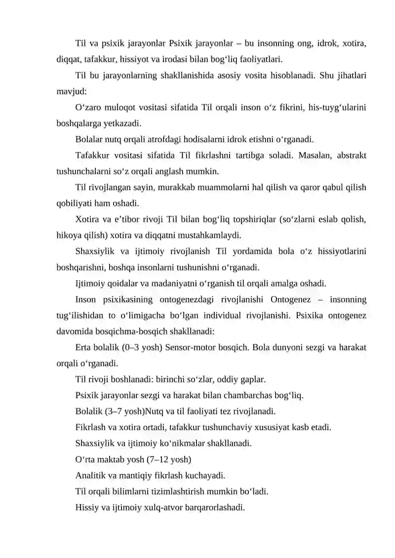 PSIXIK JARAYONLARNI SHAKLLANISHIDA TILNING AHAMIYATI. INSON PSIXIKASINI ONTOGENEZDA RIVOJLANISHI. 2