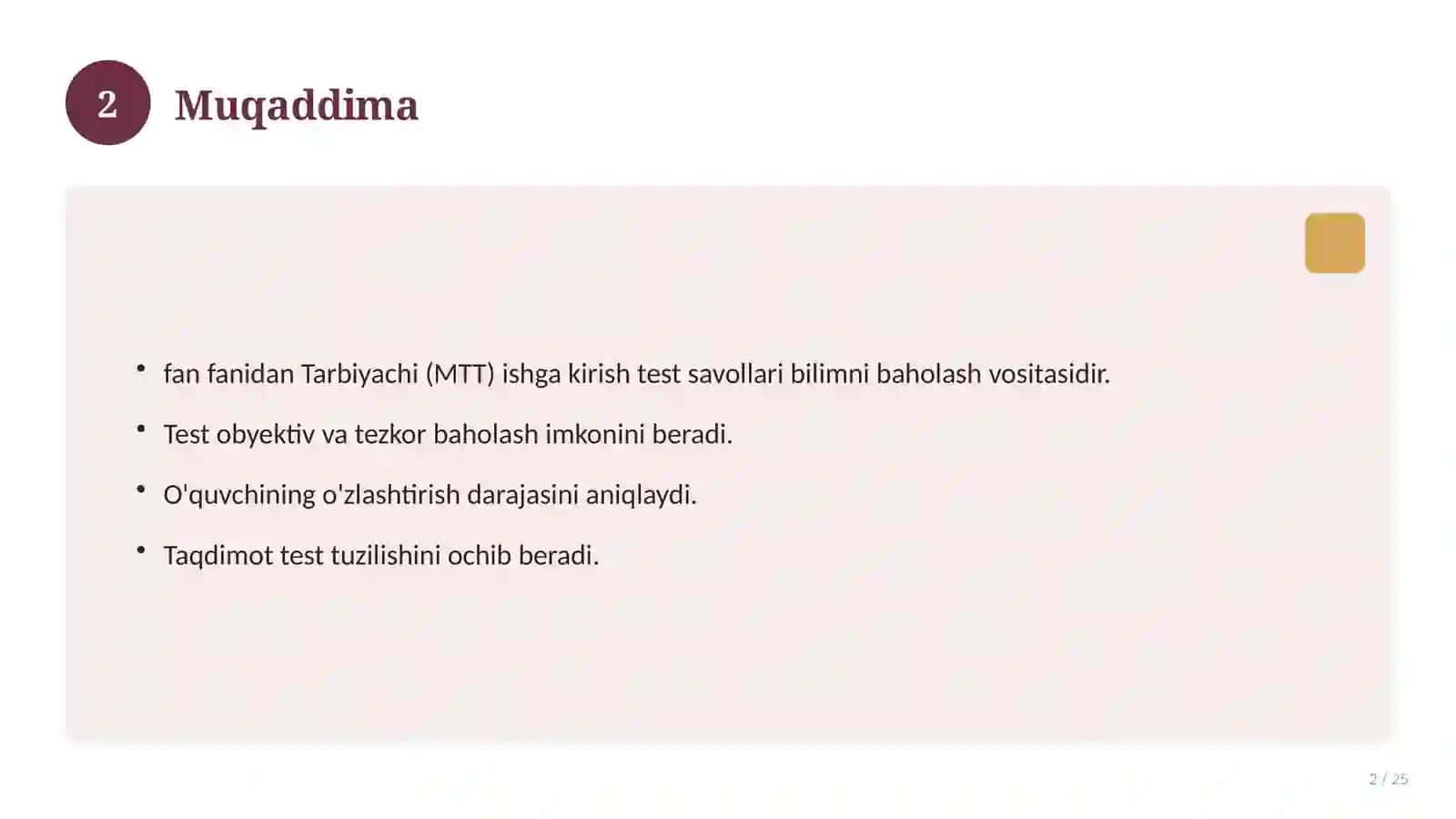 Tarbiyachi (MTT) ishga kirish test savollari 2