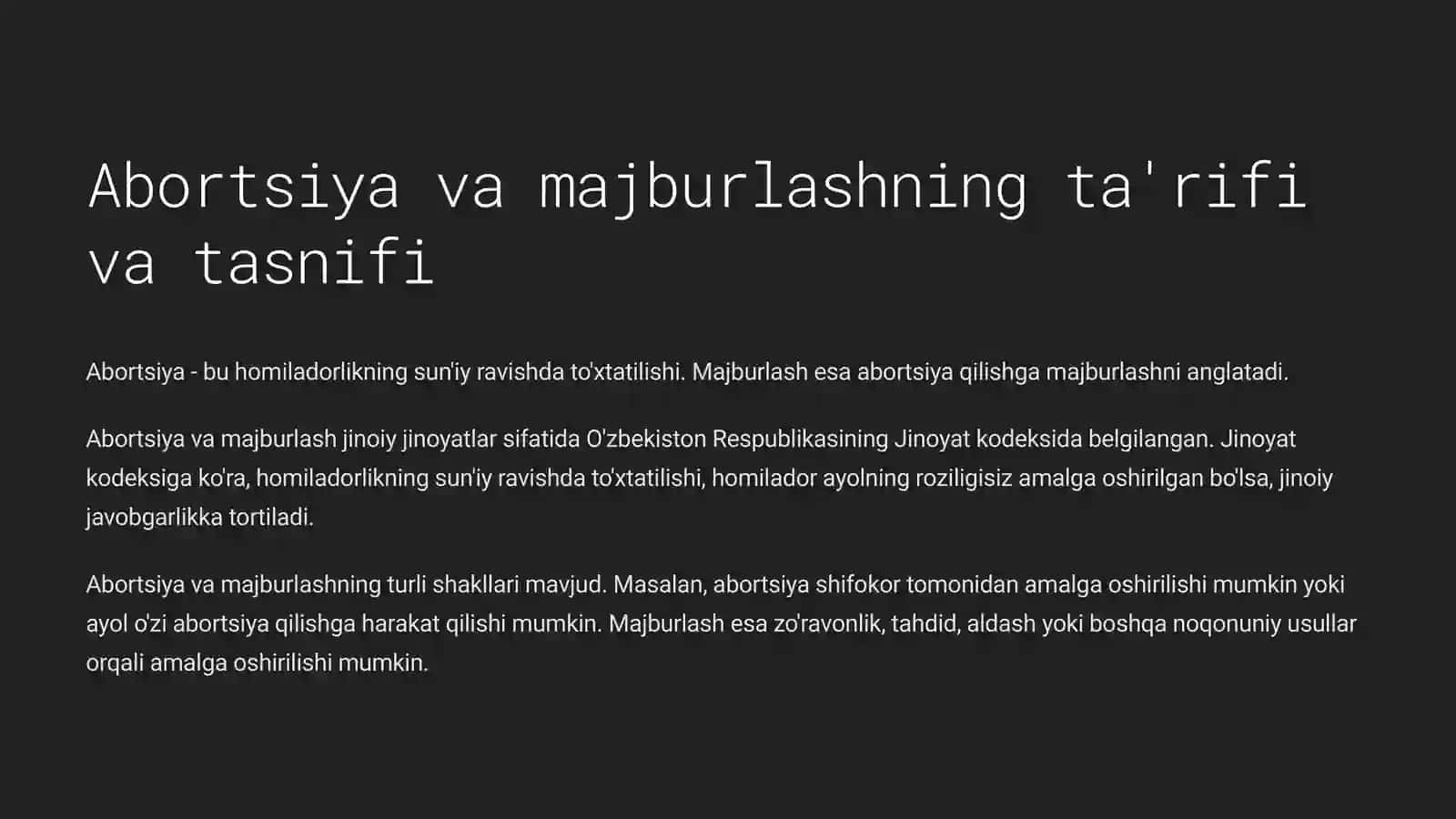 Jinoiy ravishda homila tushirish (abort) va ayolni o'zjoy tushirish 2