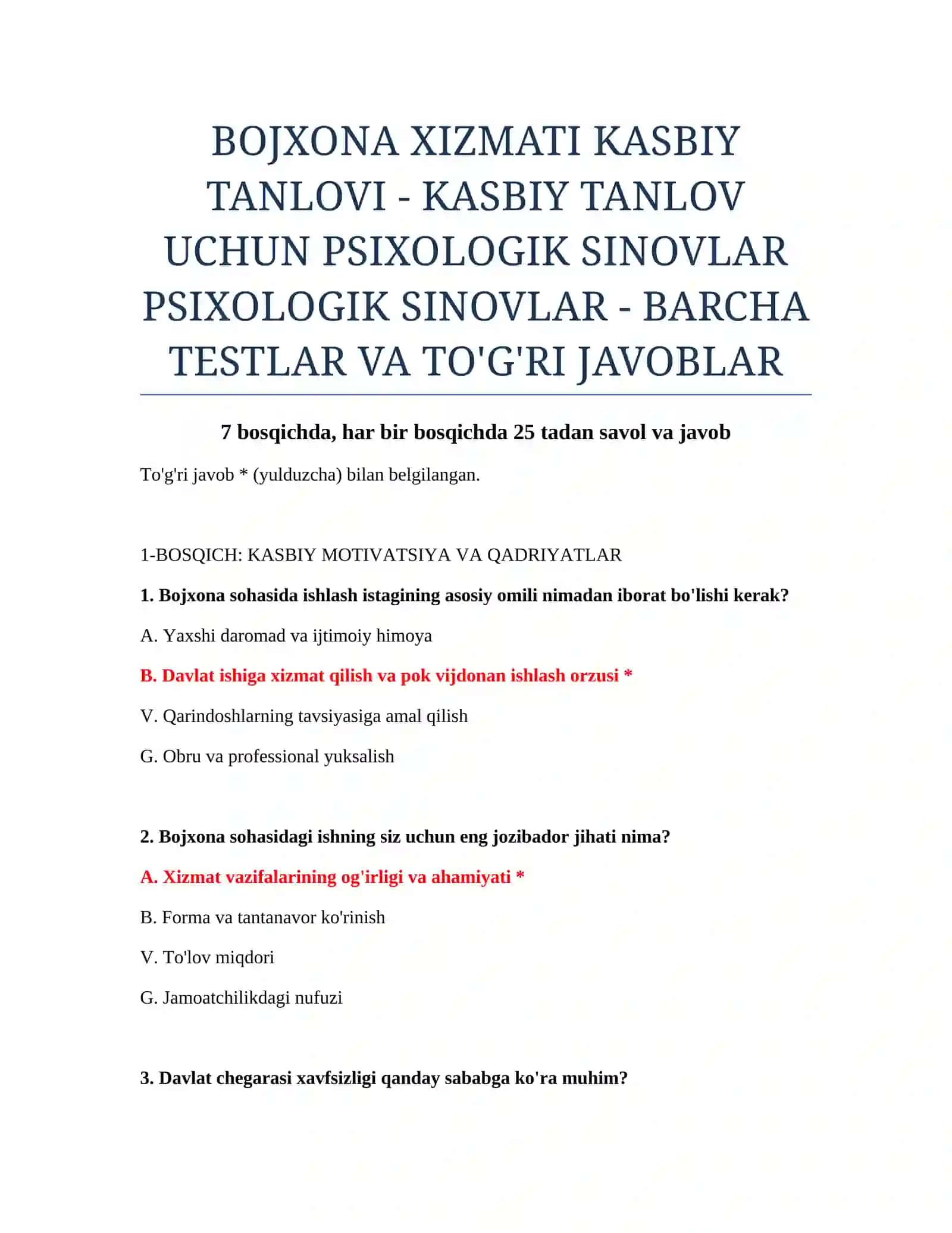 BOJXONA XIZMATI KASBIY TANLOVI - KASBIY TANLOV UCHUN PSIXOLOGIK SINOVLAR 2
