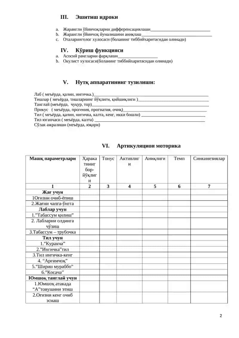 ФФН болаларни текшириш нутқ харитаси 2