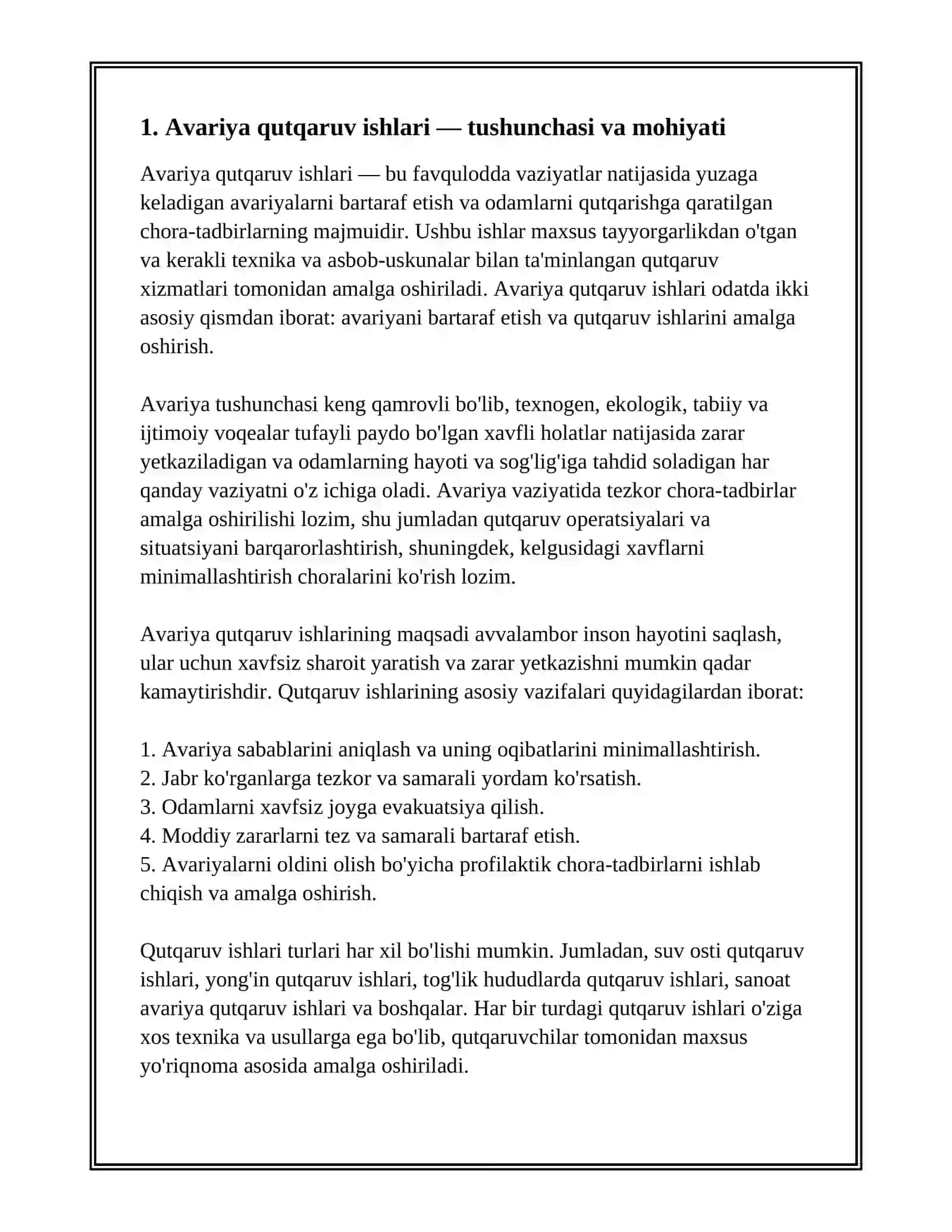 AVARIYA QUTQARUV ISHLARI HAQIDA TUSHUNCHA, TURLARI VA TASNIFLANISHI 2