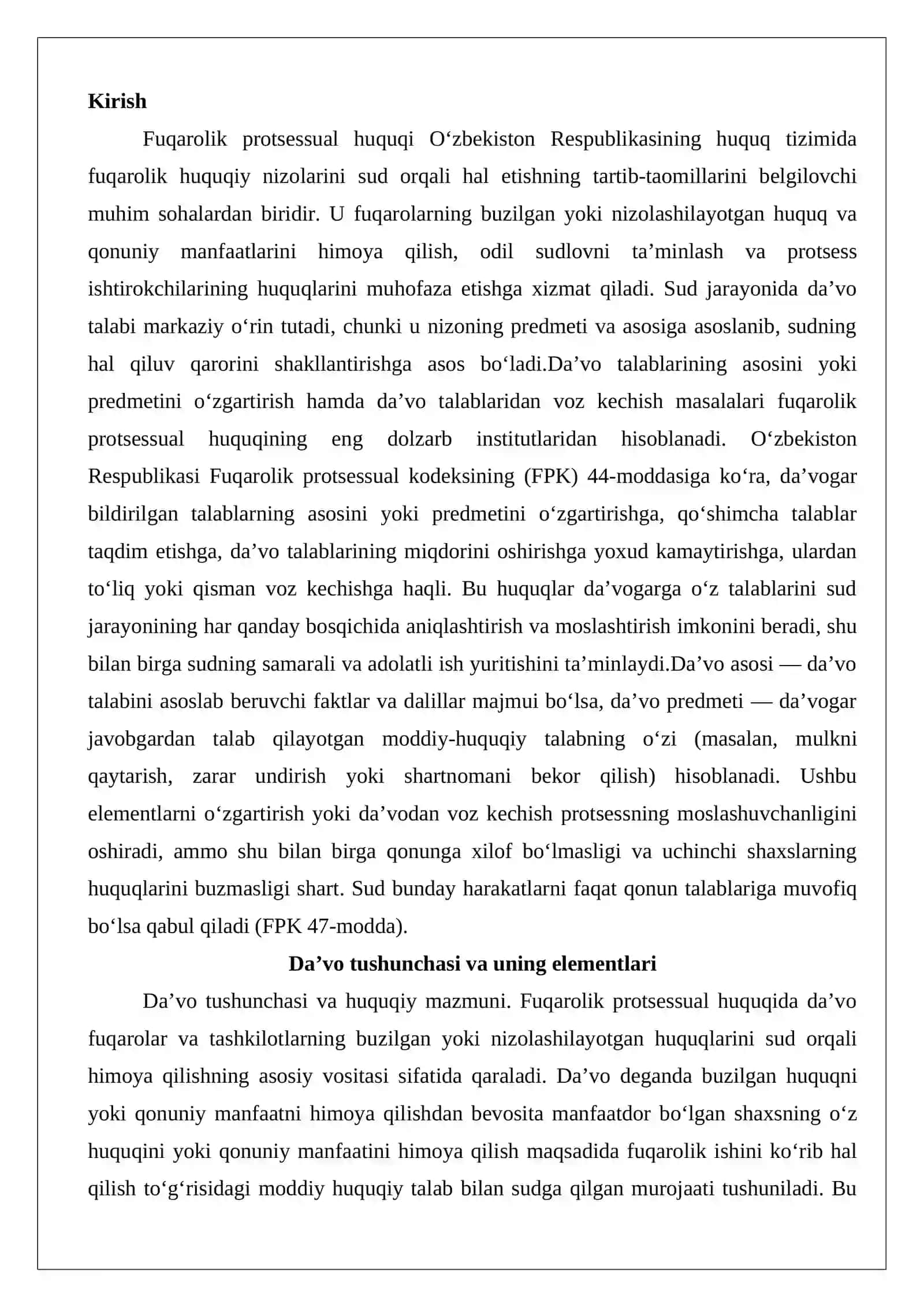 Da’vo talablarining asosini yoki predmetini o‘zgartirish, da’vo talablaridan voz kechish 2