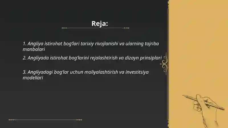 Istirohat bogʻlarini barpo etish boʻyicha angilya tajribalarini oʻrganish 2