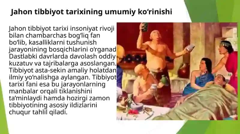 Jahon tibbiyot tarixi davri. Tibbiyot tarixini o’rganishda tarixiy manbalarnign ahamiyati. Ibtidoiy jamiyatda tibbiy bilimlarning paydo bo’lishi, ularda diniy qarashlarning o’rni. Islomda tibbiyot rivoji 2