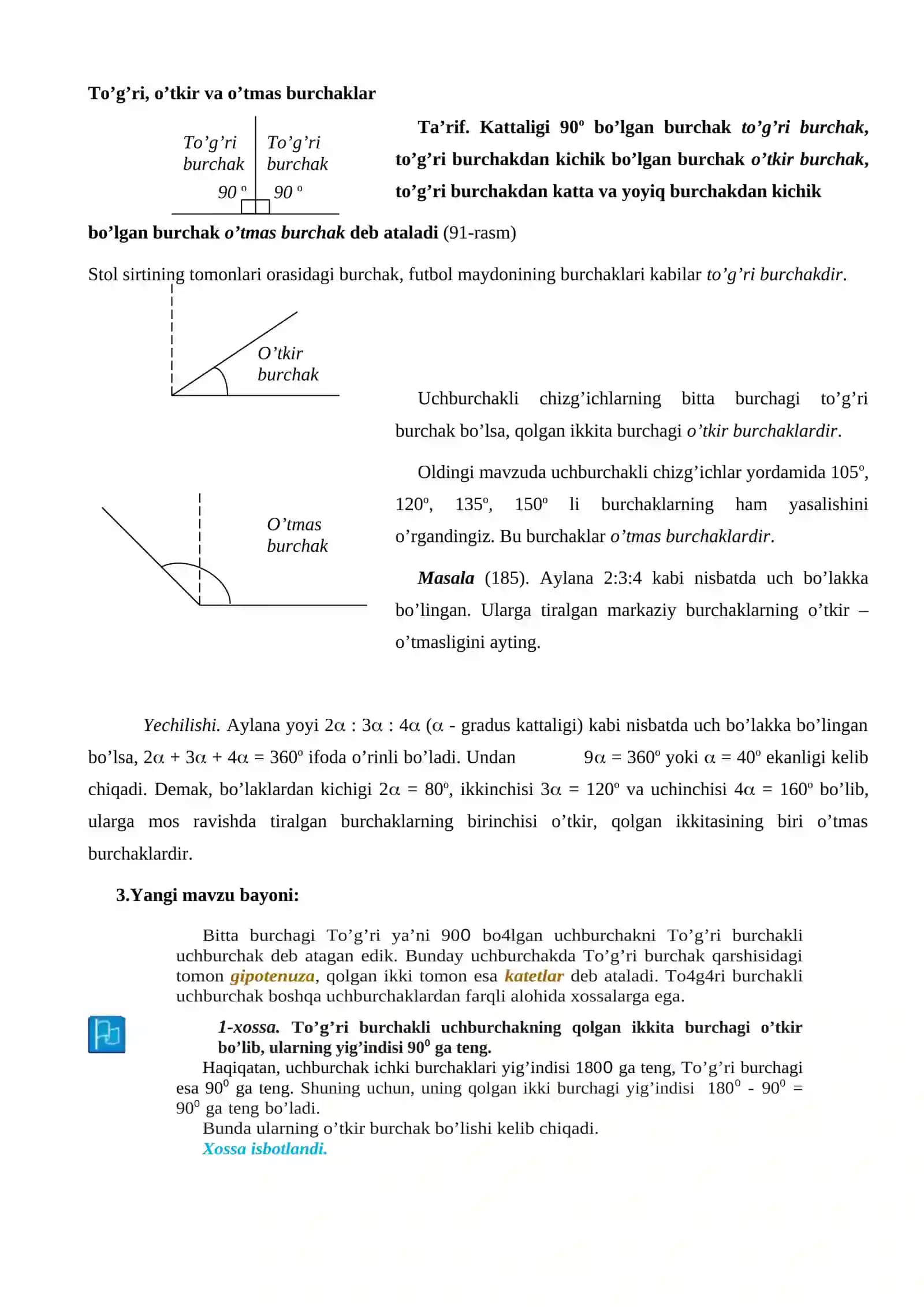 7-sinf Geometriya To'g'ri burchakli uchburchakning xossalari dars ishlanma 2