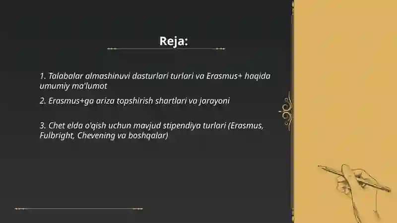 Talabalar almashinuvi dasturlari(masalan,Erasmus)chet elda òqish imkoniyatlari va stipendiyalar 2