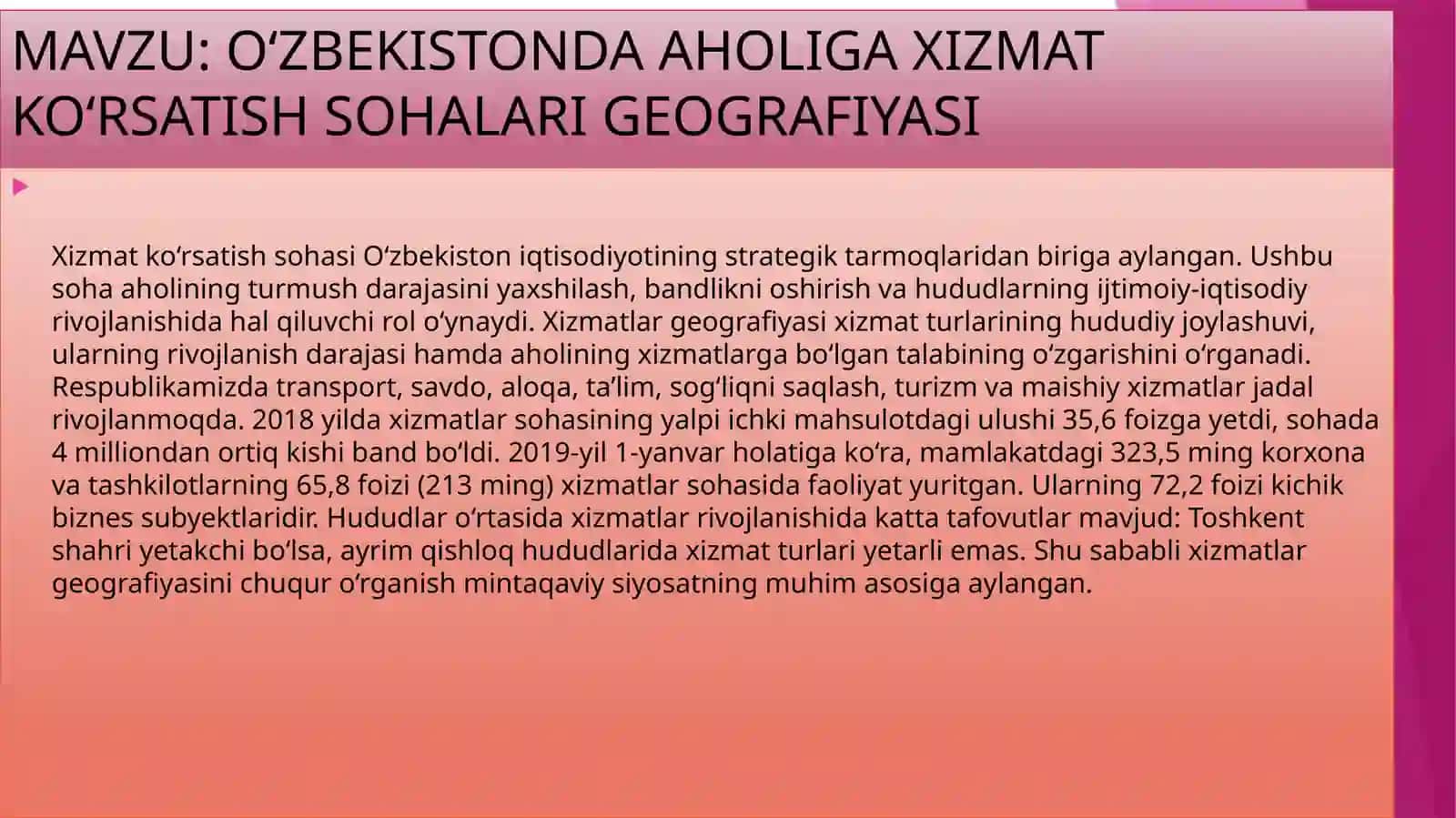 O‘ZBEKISTONDA AHOLIGA XIZMAT KO‘RSATISH SOHALARI GEOGRAFIYASI 2