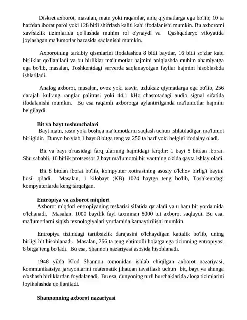 Axborot tushunchasi. Axborotning o'lchov birliklari 2