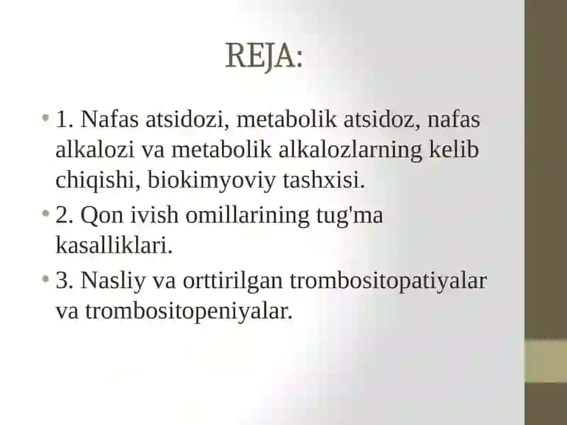 Nafas atsidozi, metabolik atsidoz, nafas alkalozi va metabolik alkalozlarning kelib chiqishi, biokimyoviy tashxisi 2