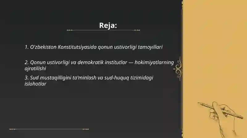 O'zbekistonda qonun ustivorligini ta'minlashning demokratik asoslari. Korrupsiya va unga qarshi kurashishning mazmun mohiyati Nabiyev Shavkat 2
