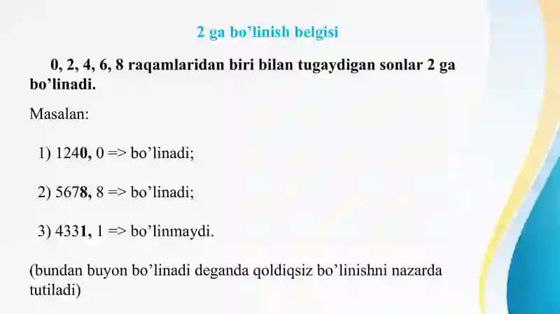 Bo'linish belgilari 2 dan 20 gacha 2
