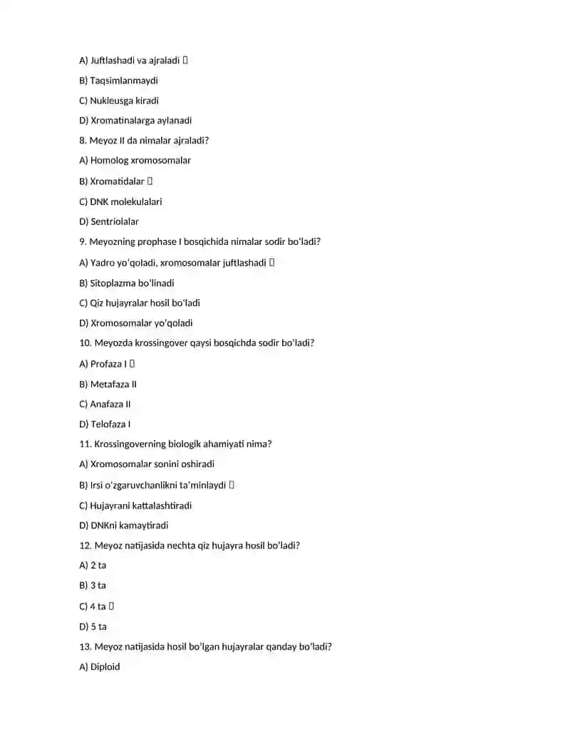 Hujayra reproduksiyasi va meyoz jarayoni bo'yicha testlar 2