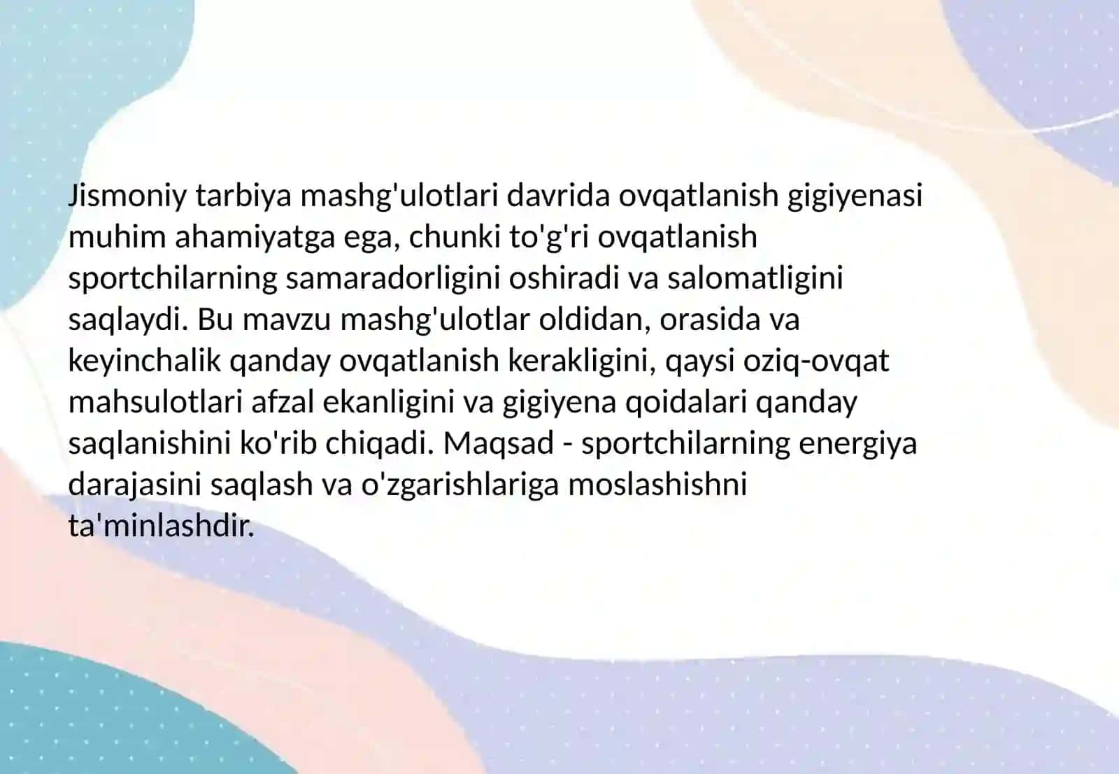 Jismoniy tarbiya mashg'ulot davrida ovqatlanish gigiyenasi 2