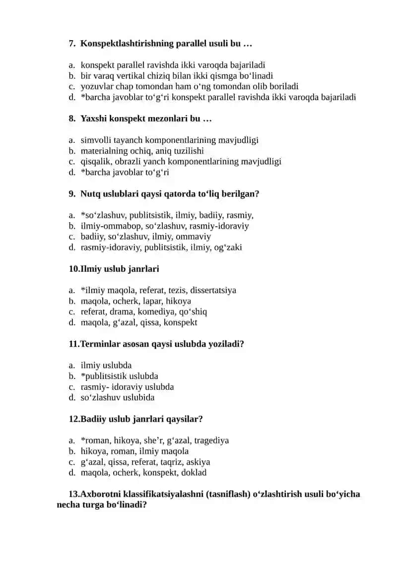 Akademik yozuv fanidan "KONSPEKT. KONSPEKT TURLARI.KONSPEKT USULLARI" mavzusida test savollari (javoblari bilan) 2