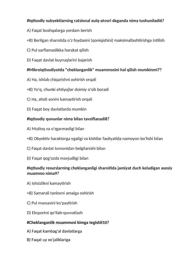 Mikroiqtisodiyot fanidan test savollar bazasi 2