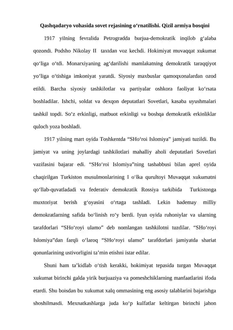 Qashqadaryoda sovet hukmronligining o‘rnatilishi va vohaning keyingi yillardagi ahvoli 2
