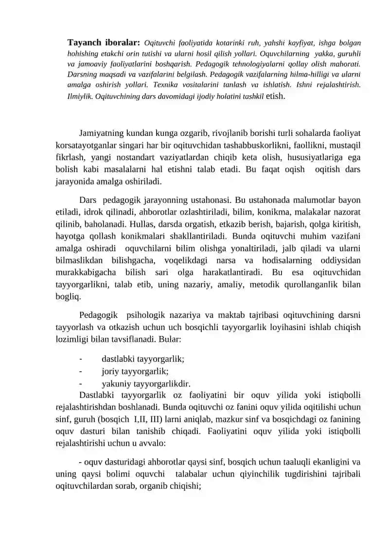 Oqituvchining pedagogik mahorati . Obekiston Respublikasi prezidenti Sh. Mirziyoyev asarlaida talim  tarbiya masalari . Mustaqil ish 2