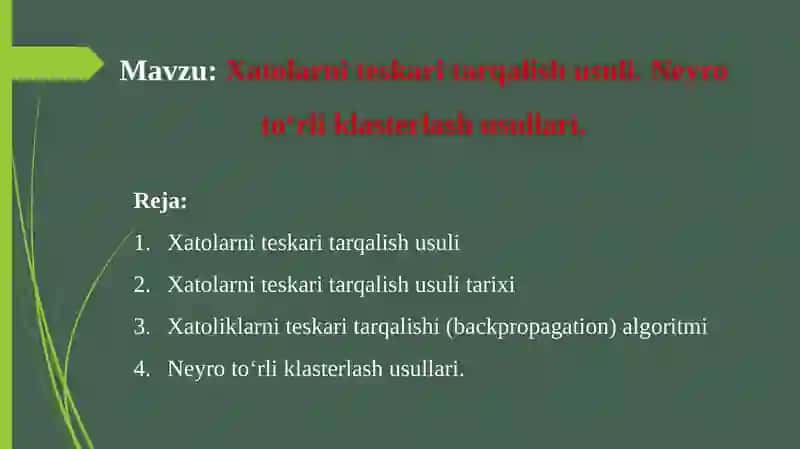 Xatolarni teskari tarqalish usuli. Neyro toʻrli klasterlash usullari. 2