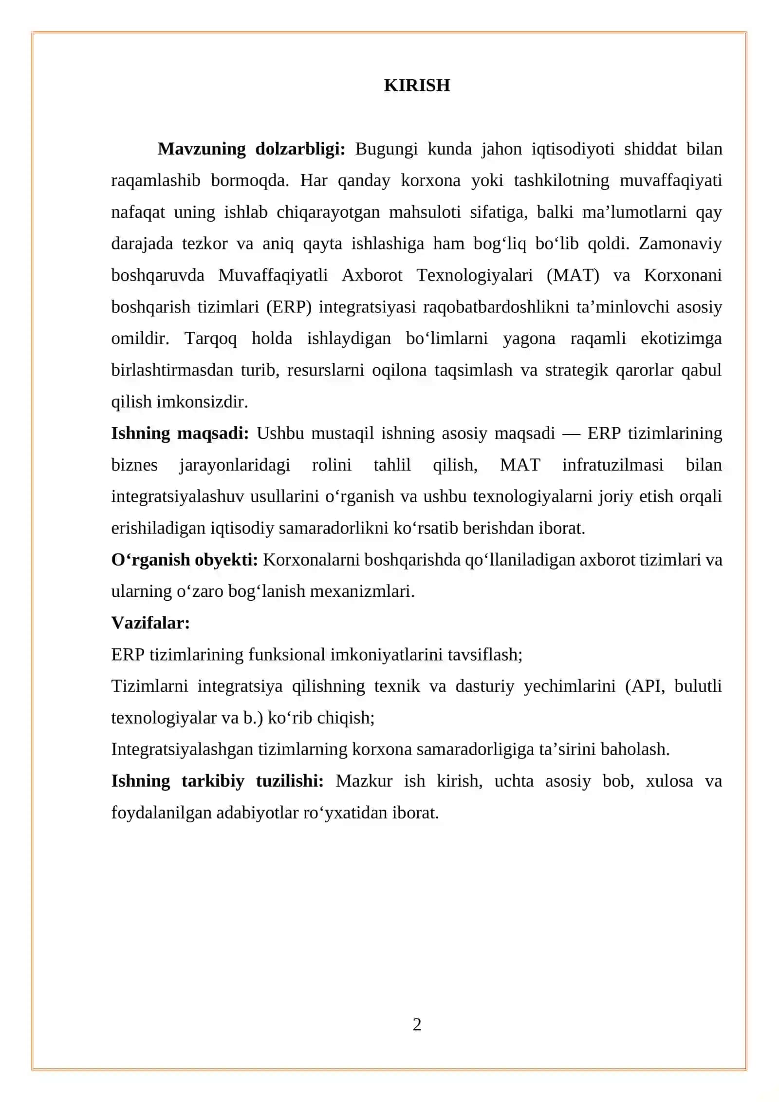 MAT VA BIZNESNI QO‘LLAB-QUVVATLASH TIZIMLARI (ERP) INTEGRATSIYASI 2