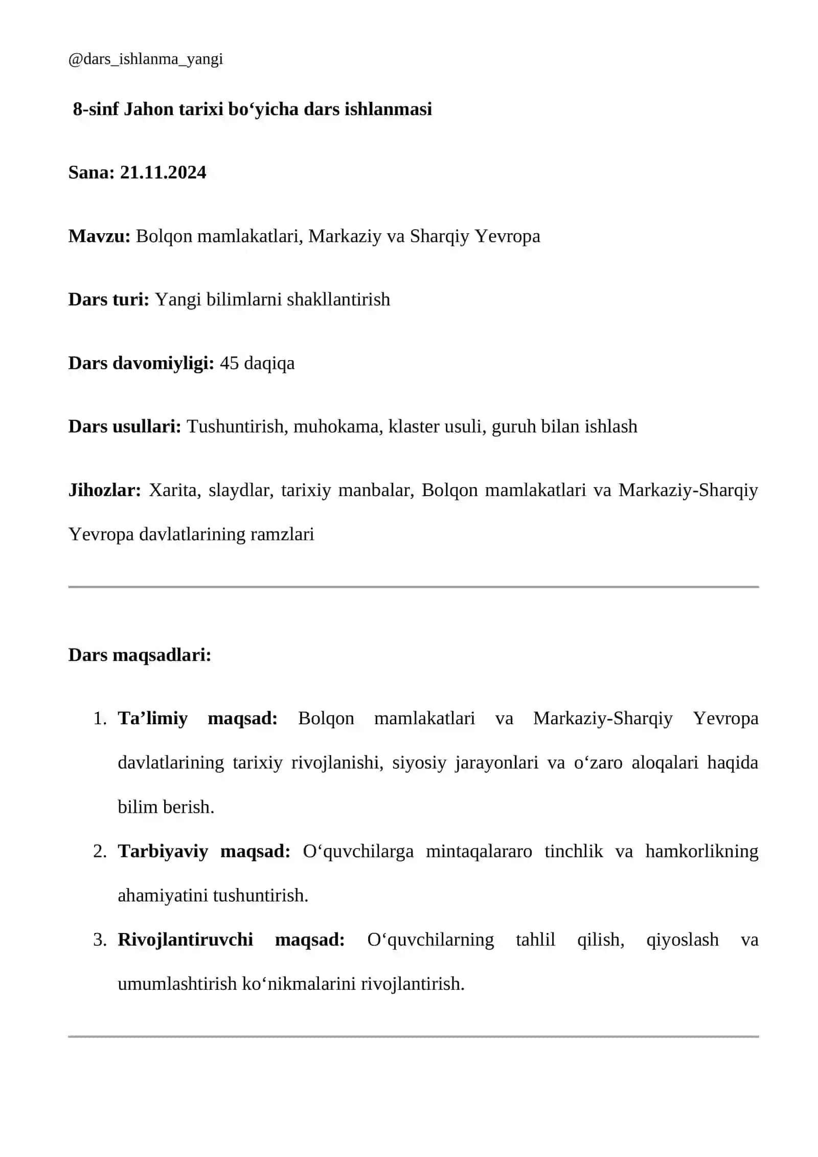 Bolqon Mamlakatlari, Markaziy va Sharqiy Yevropa dars ishlanmasi 2