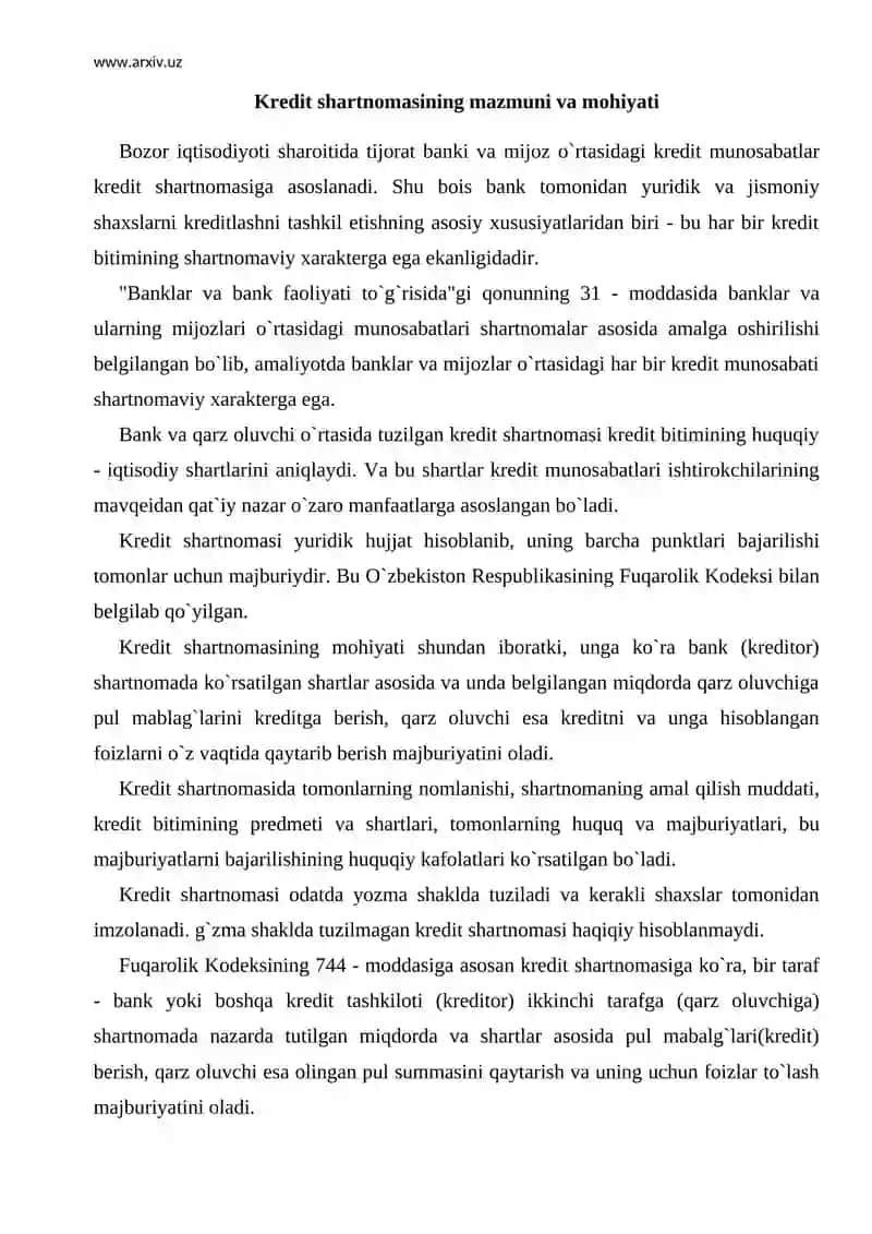 Kredit shartnomasining mazmuni va mohiyati 2