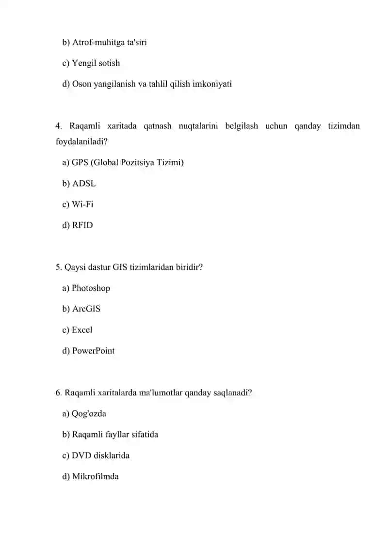 Raqamli va elektron xaritalar (test) 2