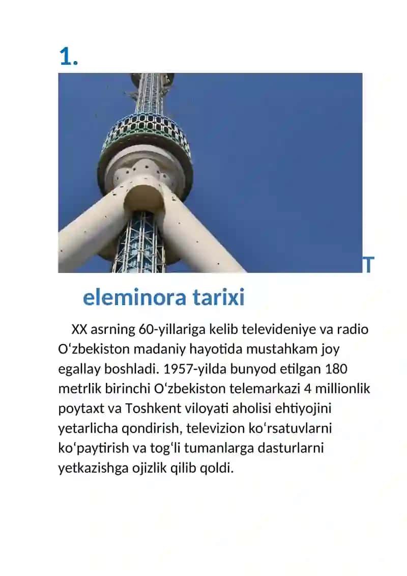 TOSHKENT TELEMINORASI ARXITEKTURASI BILAN TANISHISH 2