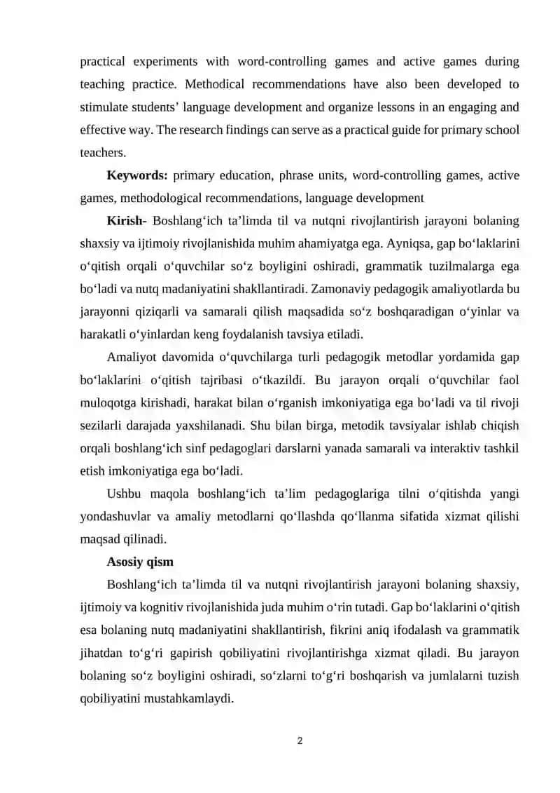 BOSHLANGʻICH TAʼLIMDA GAP BOʻLAKLARINI OʻQILISHI VA METODLARNING QOʻLLANILISHI ULARNING SOʻZ BOSHQARADIGAN OʻYINLAR, HARAKATLI OʻYINLARNI OʻYNASH TARTIBINI AMALIYOT DAVRIDA TAJRIBADA SINAB KOʻRISH , METODIK .docx 2