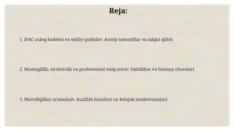 Auditor kasb etikasi: IFAC Etik kodeksi va milliy etik qoidalar qiyosida 2