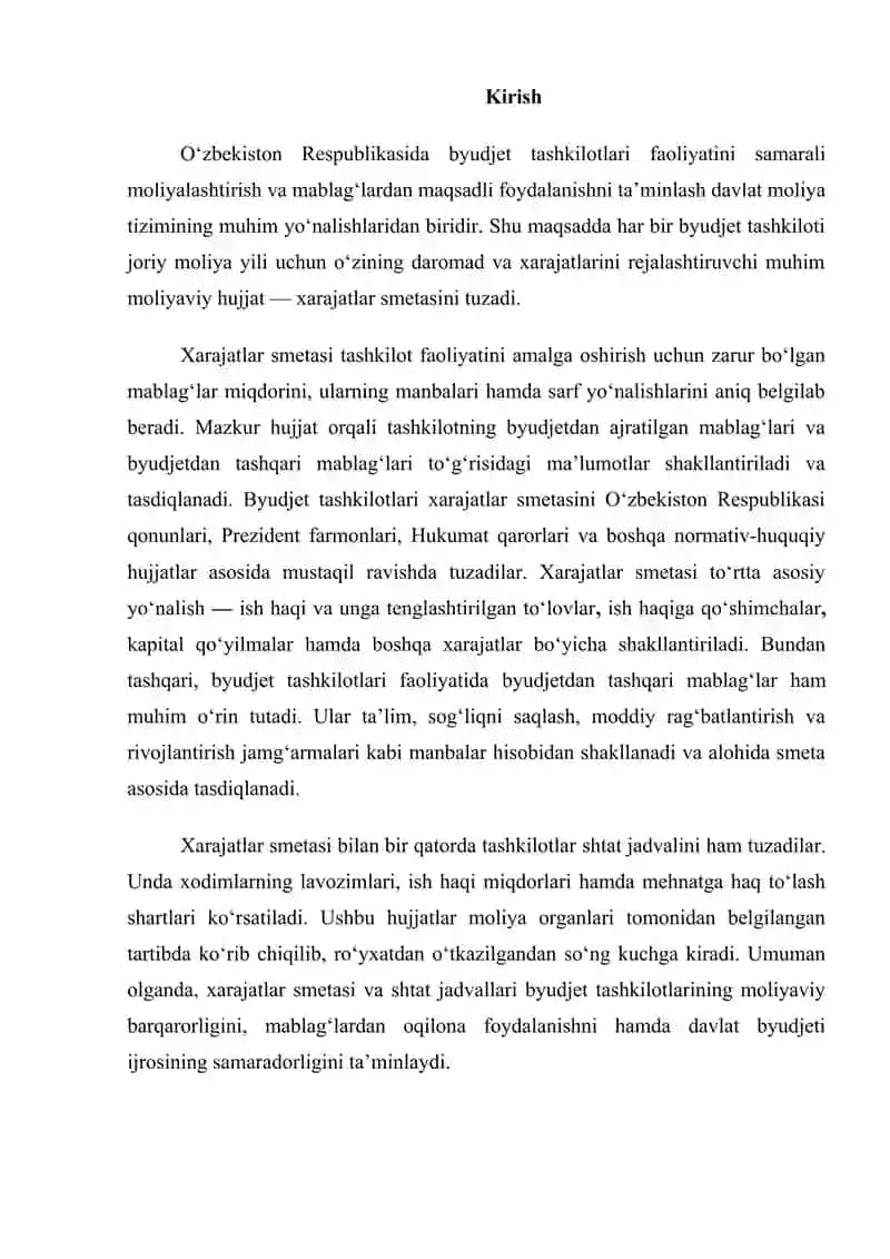 Byudjet tashkilotlarida smetalar hamda shtatlar jadvalini tuzish, tasdiqlash va taqdim etish tartibi. 2