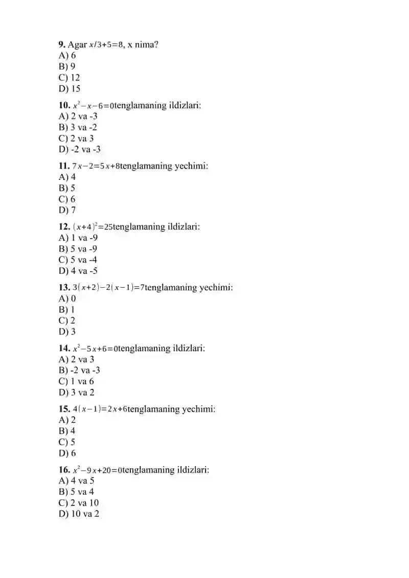 Matematika fan 10 sinflar uchun 100 talik test 2