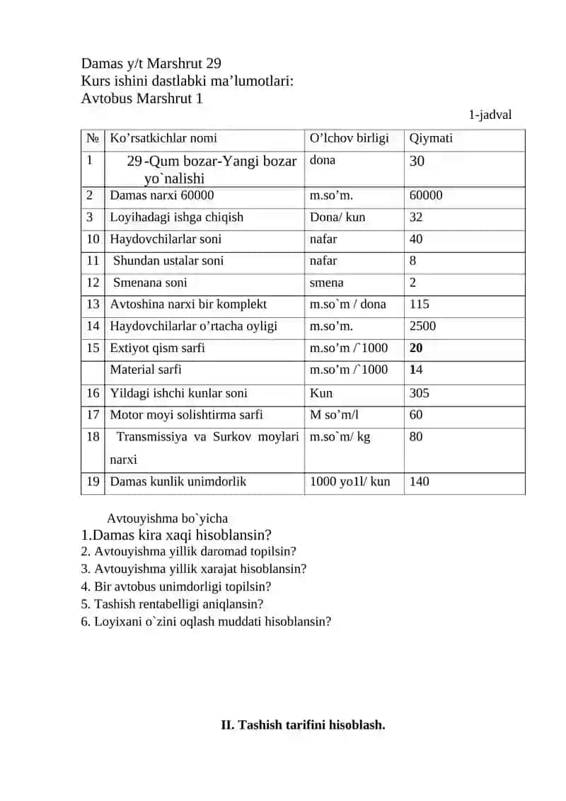 Avtotransport korxonalari iqtisodiyoti fanidan kurs ishini bajarish boyicha TOPSHRIQ 2