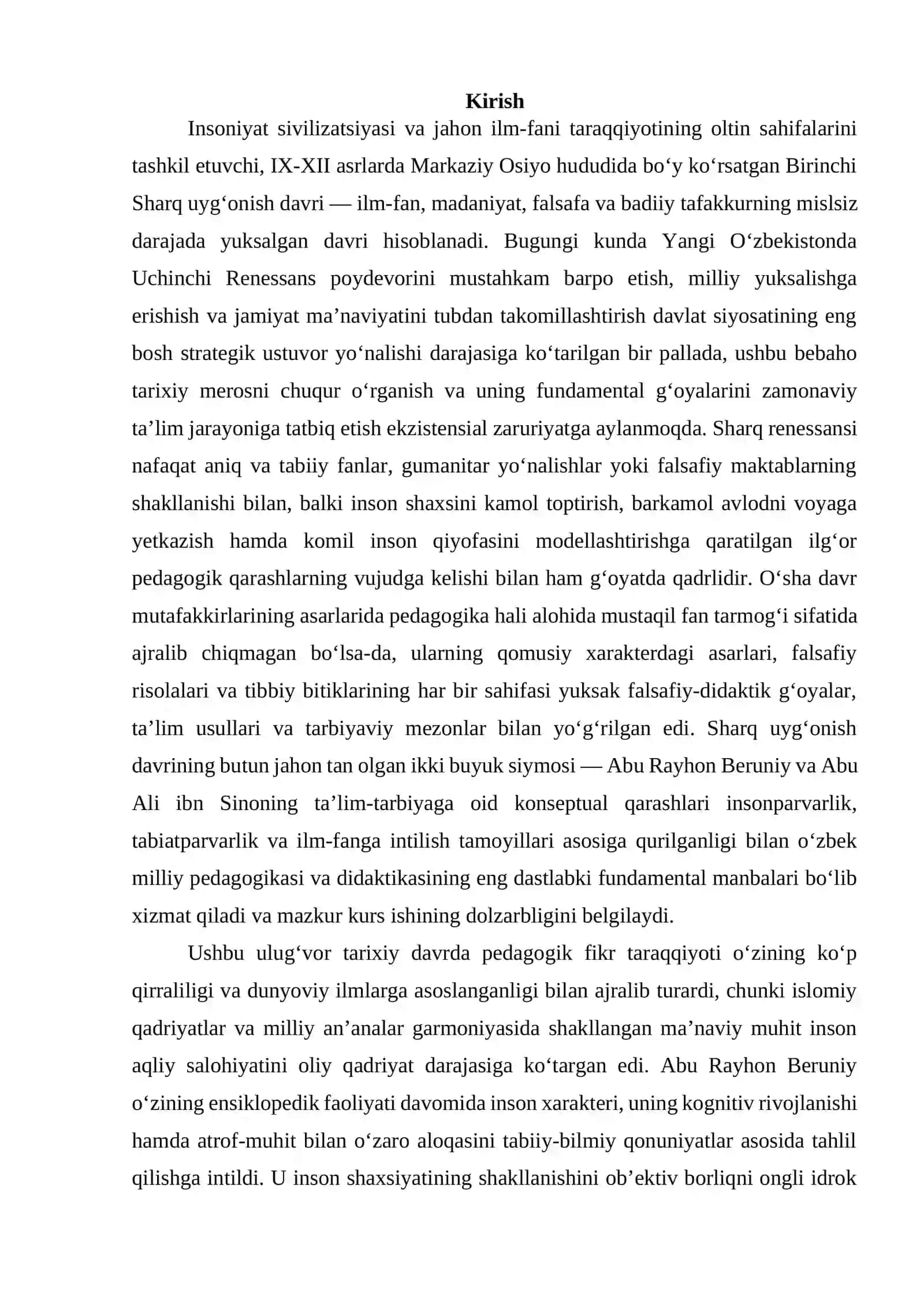 Sharq uyg‘onish davrida pedagogik fikr taraqqiyoti (Abu Rayhon Beruniy, Abu Ali ibn Sinoning talim-tarbiyaga oid qarashlari) 2