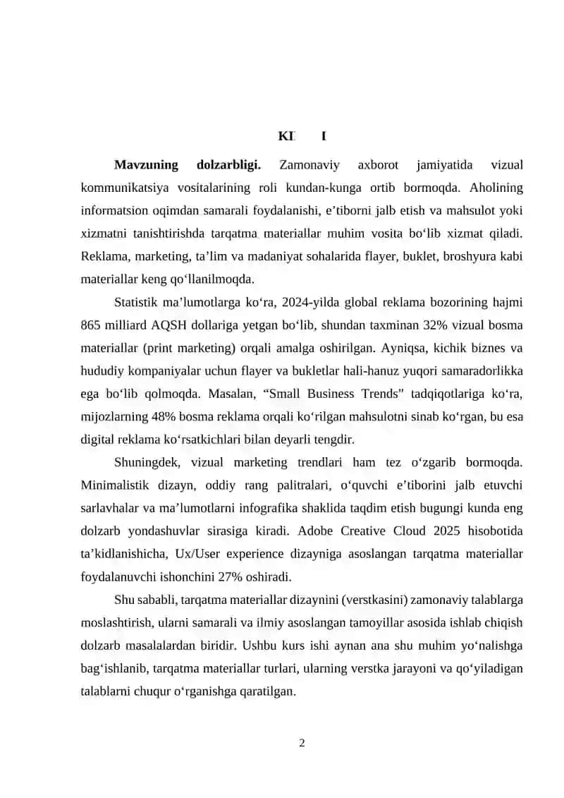 TARQATMA VA AXBOROT MATERIALLARINI SAMARALI JOYLASHTIRISH KURS ISHI 2