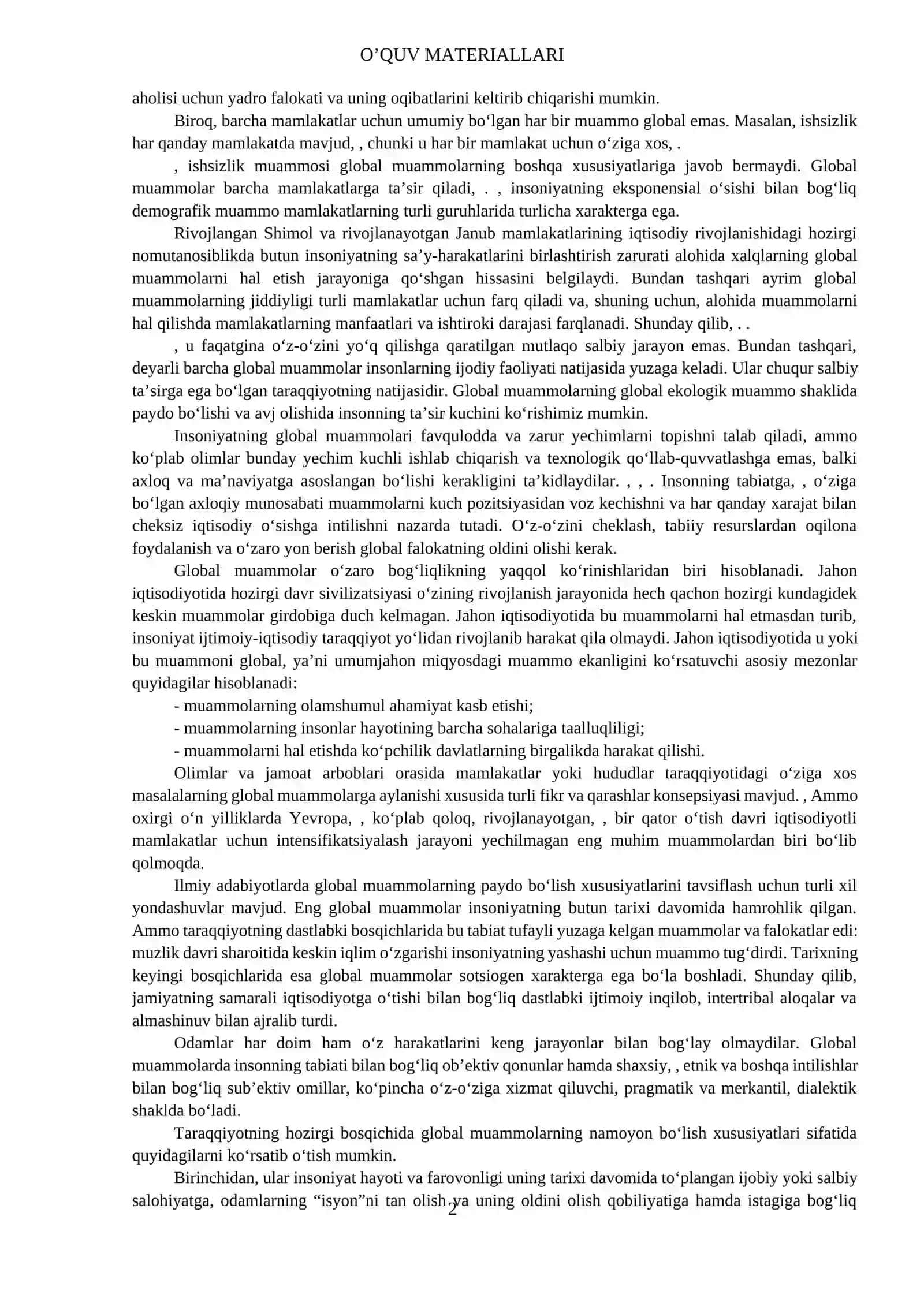 BOB. JAHON IQTISODIYOTINING GLOBALLASHUV MUAMMOLARI VA ULARNING GURUHLANISHI 2