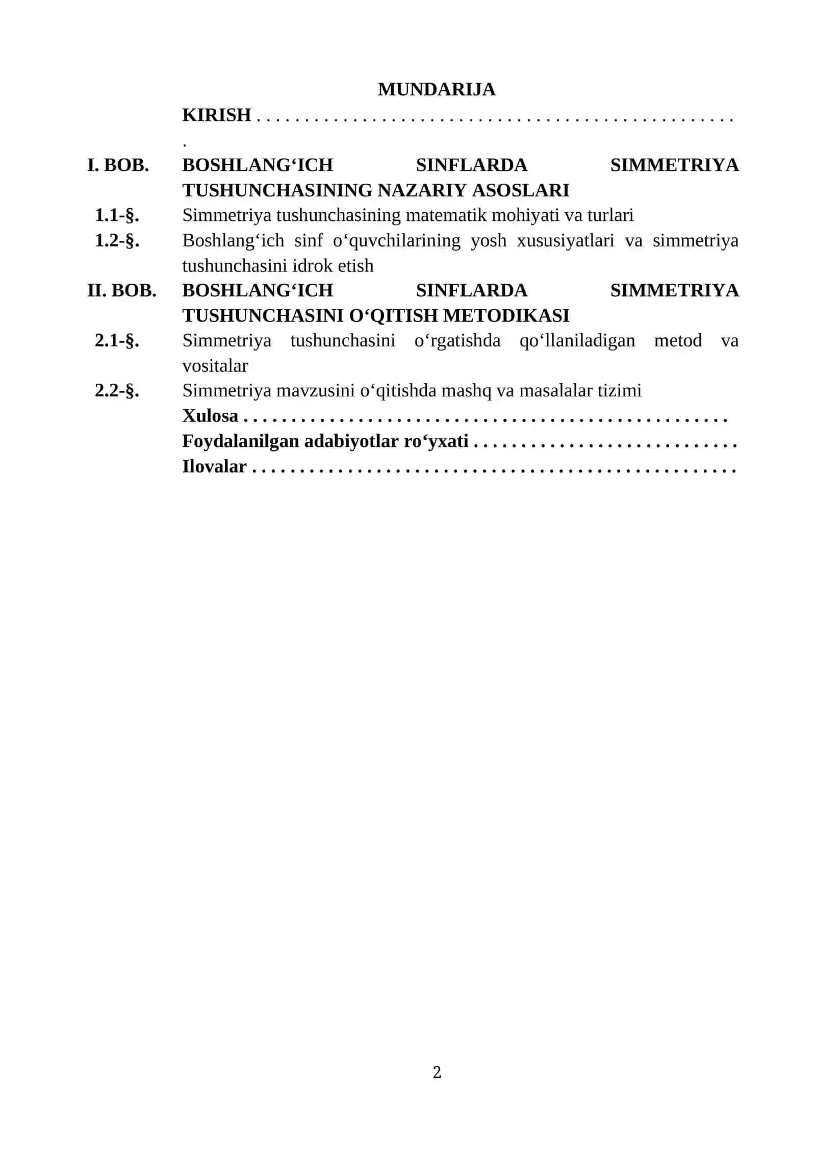 "BOSHLANG‘ICH SINFLARDA SIMMETRIYA TUSHUNCHASI BILAN TANISHISH" MAVZUSIDA TAYYORLAGAN KURS ISHI 2