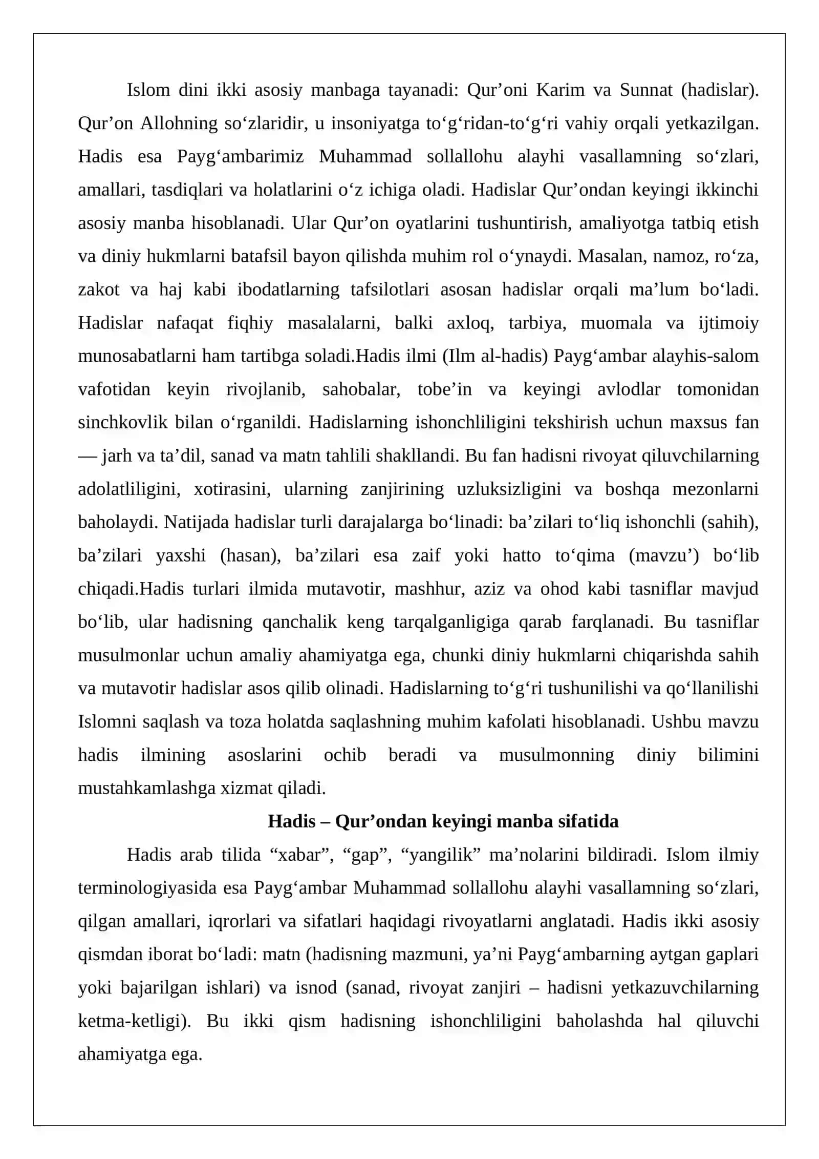 Hadis – Qur’ondan keyingi manba, hadis turlari: sahih, hasan, mavzu’, zaif, mutavotir, mashxur, aziz, ohod 2