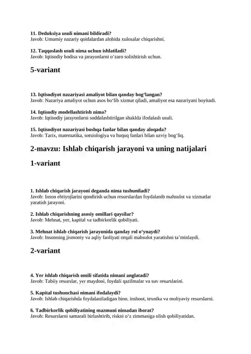 Iqtisodiyot nazariyasi fanidan 150 ta savolllar va javoblari 2