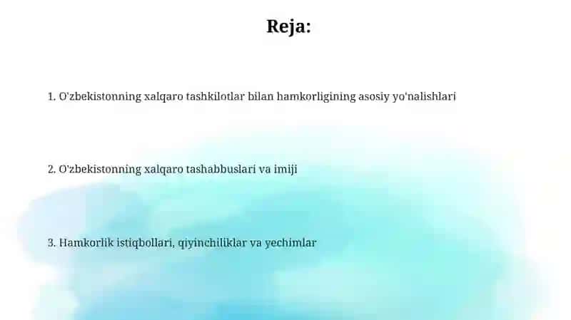 O'zbekistonning xalqaro tashkilotlar bilan hamkorligi 2