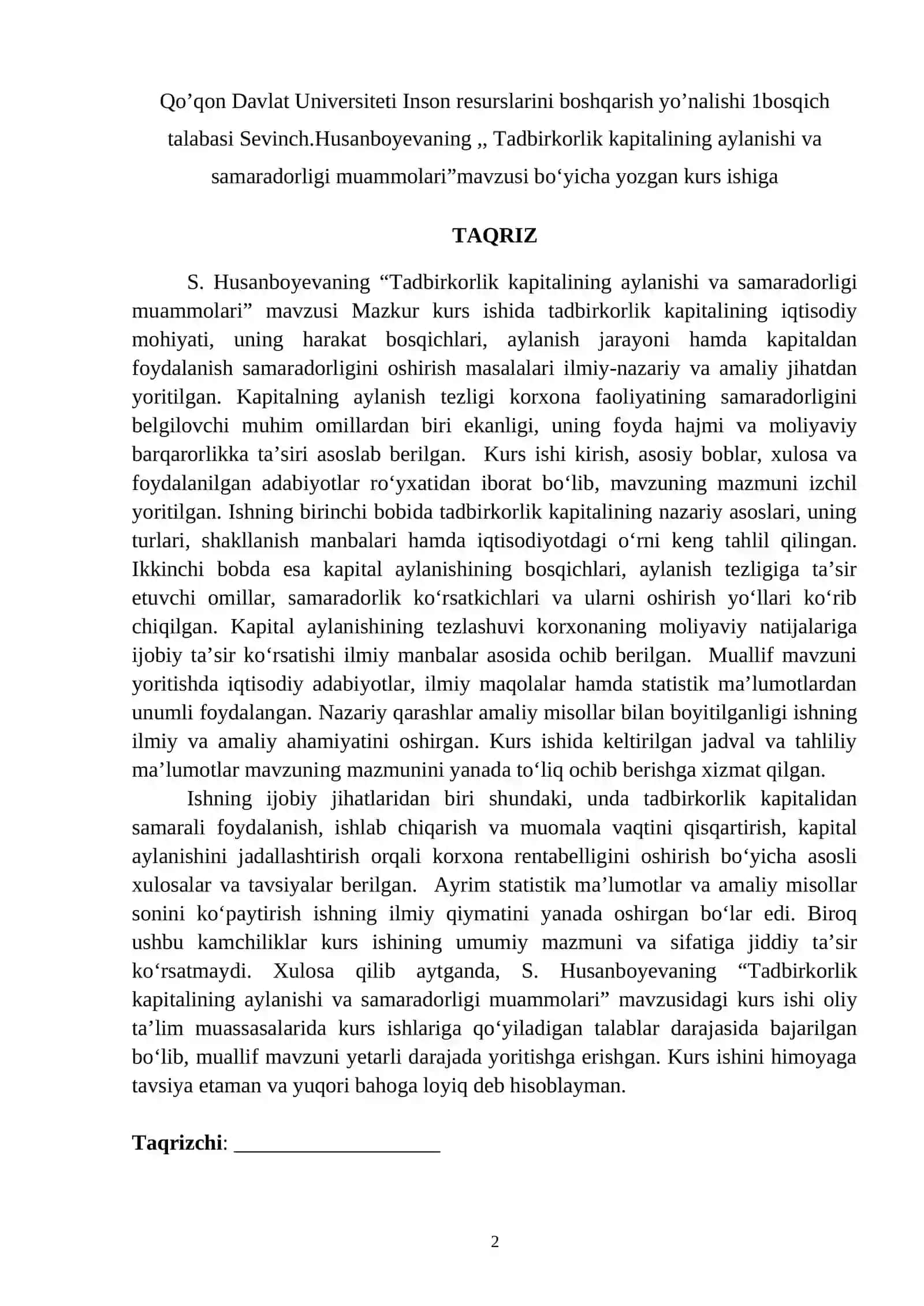 Tadbirkorlik kapitalining aylanishi va samaradorligi muammolari 2
