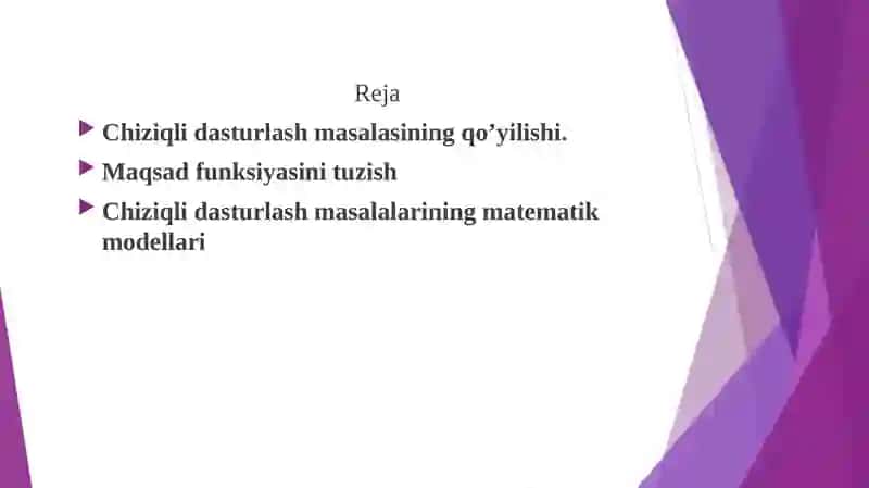 Chiziqli dasturlash masalalarining matematik modellari, iqtisodiy tahlili. Maqsad funksiyasi.Egizak masala.i 2
