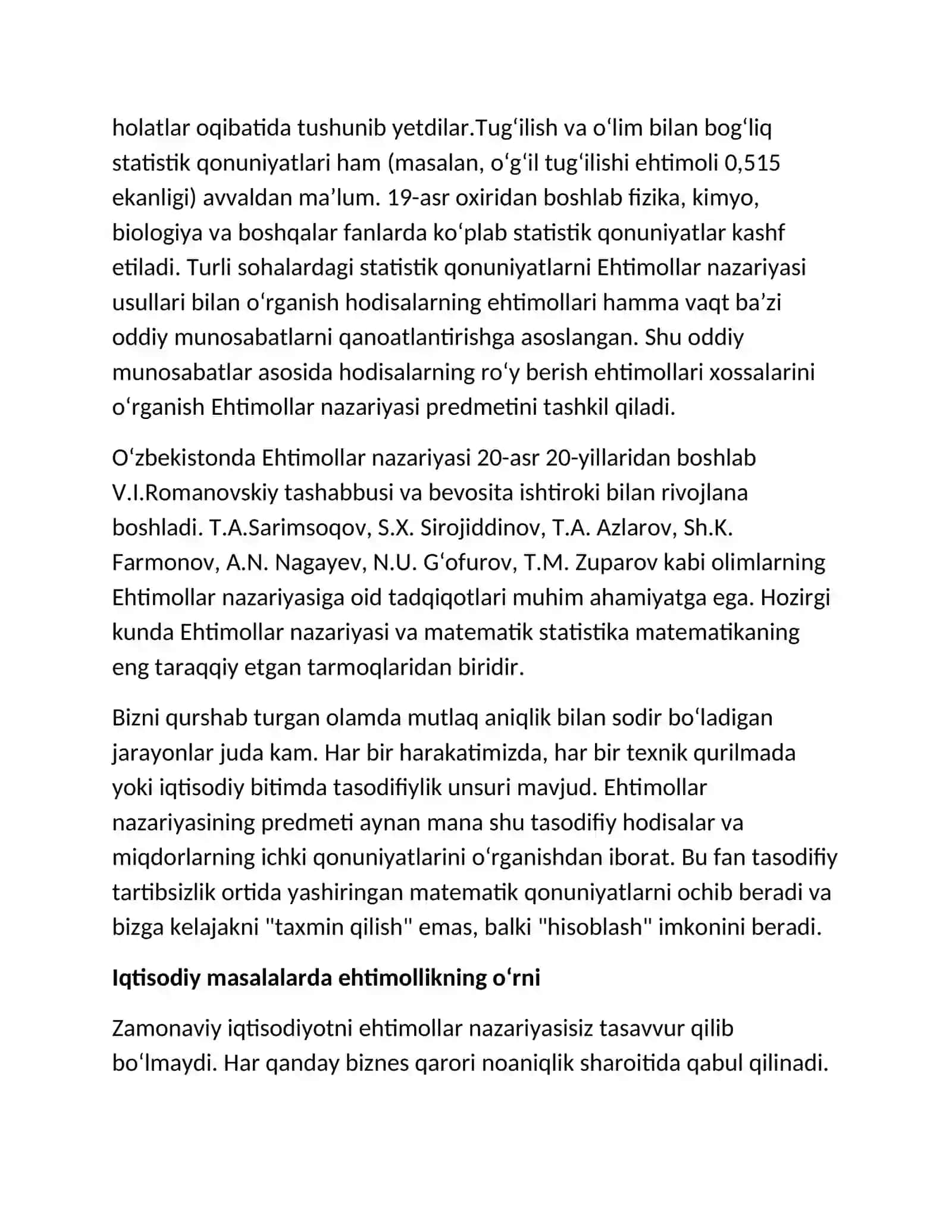 Ehtimollar nazariyasining predmeti va uning iqtisodiy texnik masalalar uchun ahamiyati 2