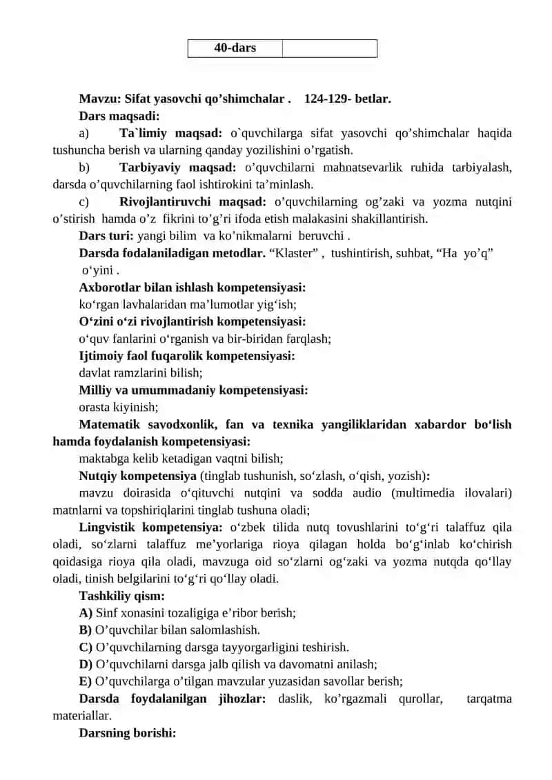 4-Sinf ona-tili 1 soatlik dars ishlanmasi 2