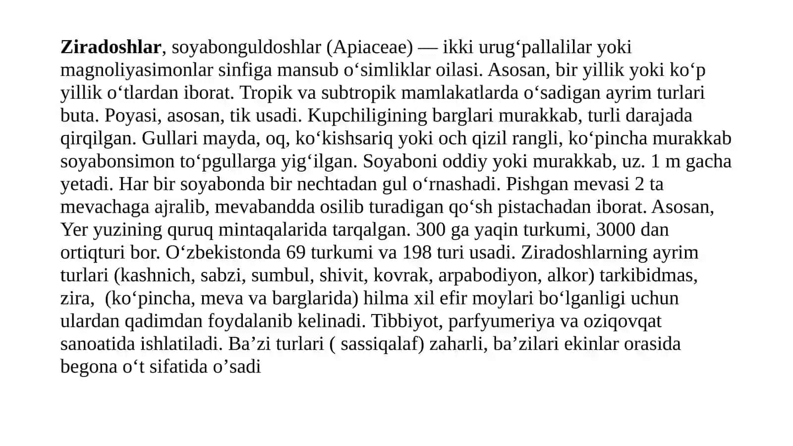 Ziradoshlar (APIASEAE) oilasi turkumi turari 2